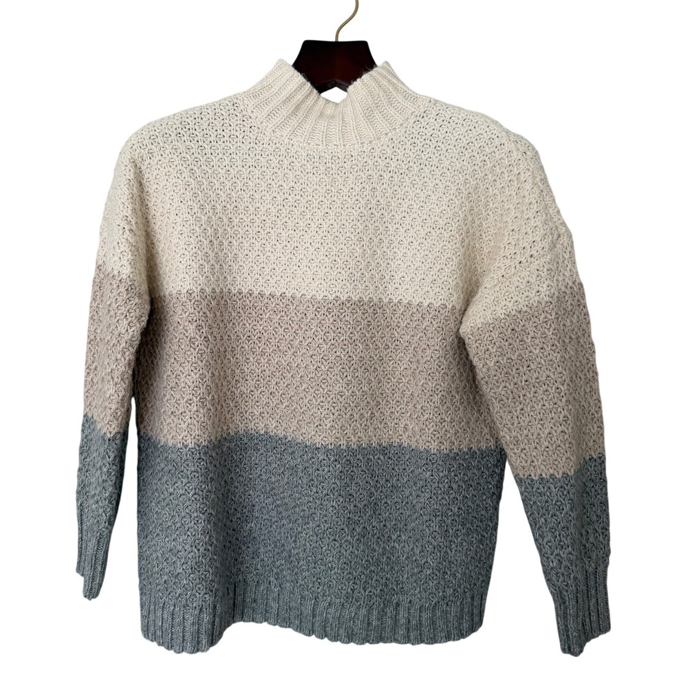 J. Jill Womens Medium Colorblock Mock Neck Chunky Knit Sweater Cream Tan Gray